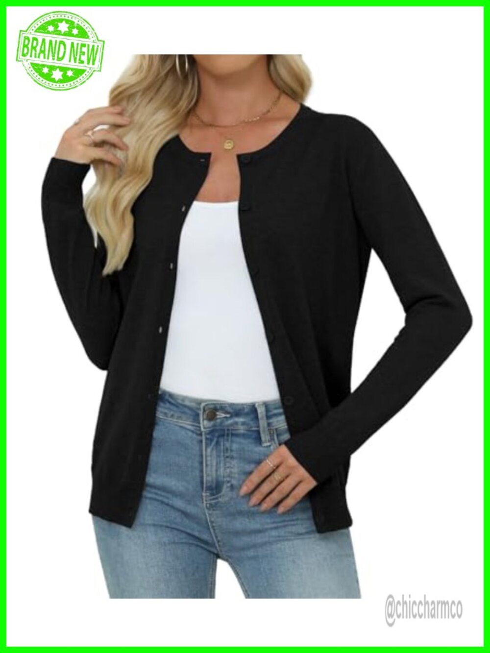 Womens Crew Neck Button Front Knit Cardigan Long Sleeve Sweater